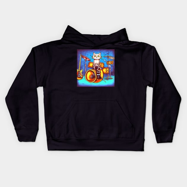 A Cat Sitting On It's Drum Kit Kids Hoodie by Musical Art By Andrew